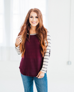 Load image into Gallery viewer, Burgundy Style Stripe Raglan Top
